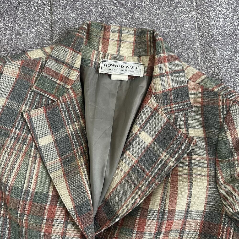 Women's Vintage 70's Howard Wolf Beige Plaid Wool Button Up Blazer Jacket Sz M